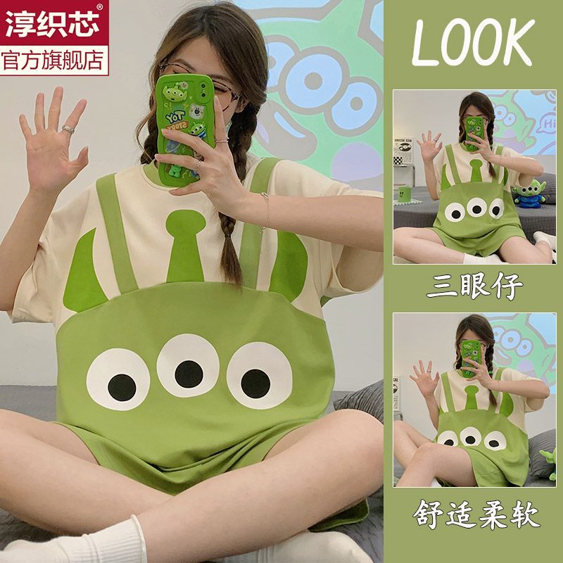 三眼仔睡衣女夏季純棉短袖短褲套裝卡通休閒寬鬆高顏值居家服夏天