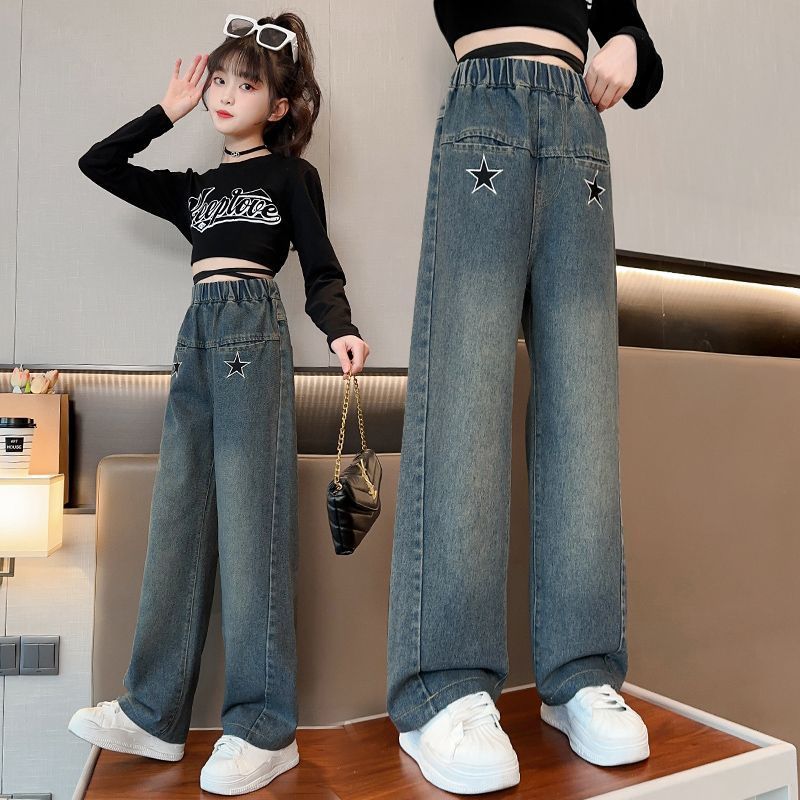 女童牛仔褲春秋女孩寬鬆直筒春天中大童闊腿褲春款小學生兒童褲子
