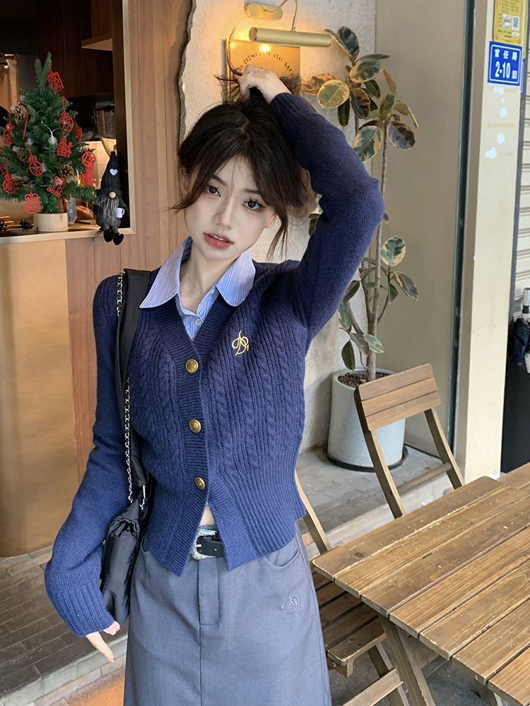 Early Spring American College Style Knitted Cardigan Suit Skirt Retro V-neck Sweater Shirt High Waist Skirt Three-piece Set