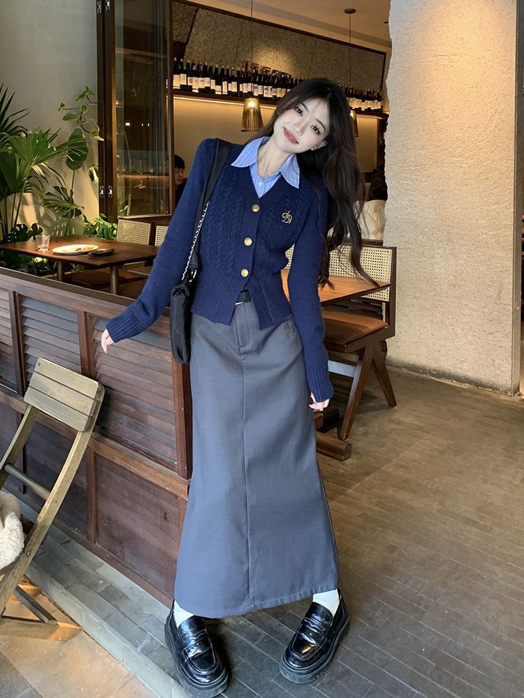 Early Spring American College Style Knitted Cardigan Suit Skirt Retro V-neck Sweater Shirt High Waist Skirt Three-piece Set