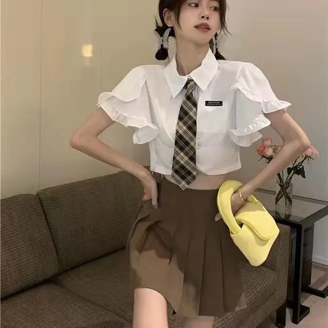 夏季兩件套2022年韓版新款辣妹設計感短袖襯衫+高腰百褶裙套裝女