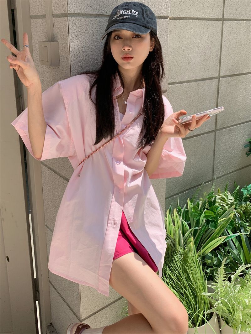 Korean style casual suit female pink polo collar shirt jacket female summer high waist thin wide leg shorts two-piece set