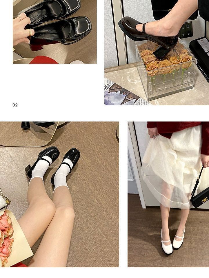 Mary Jane high heels medium heel jk small leather shoes 2023 new shoes small fragrance style Hepburn style thick heel square heel single shoes