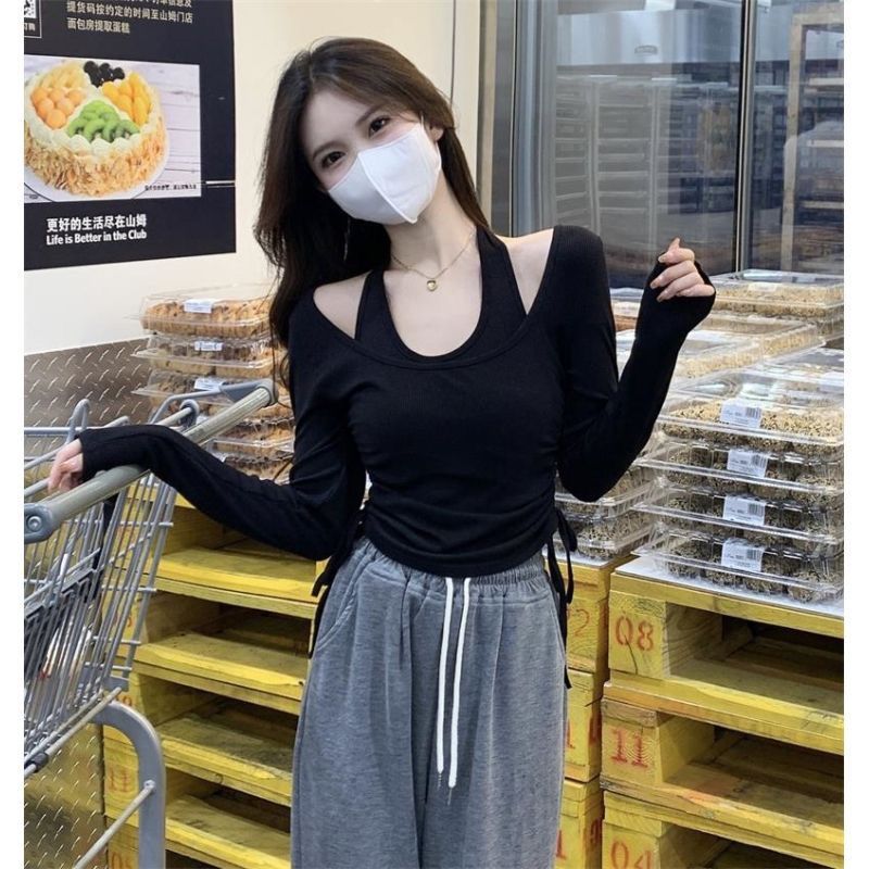 早春季黑色掛脖長袖t恤女裝設計感小眾高級感別致打底衫上衣內搭
