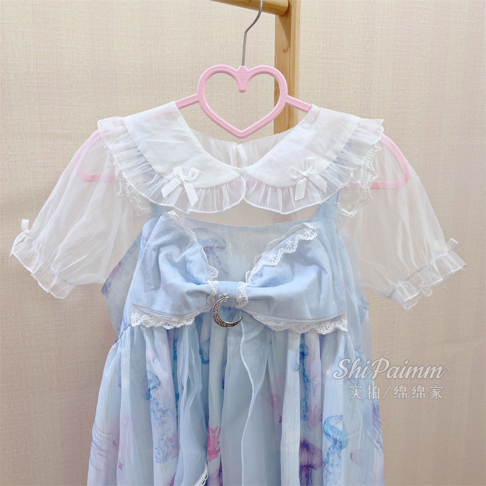 平價百搭~夏天短款琉璃網紗娃娃領蝴蝶結lolita襯衫可愛內搭少女