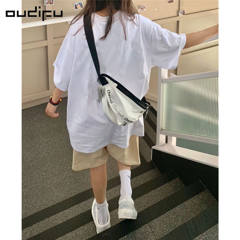 OUDIFU100%纯棉240g国潮短袖t恤女夏季新款宽松oversize设计上衣