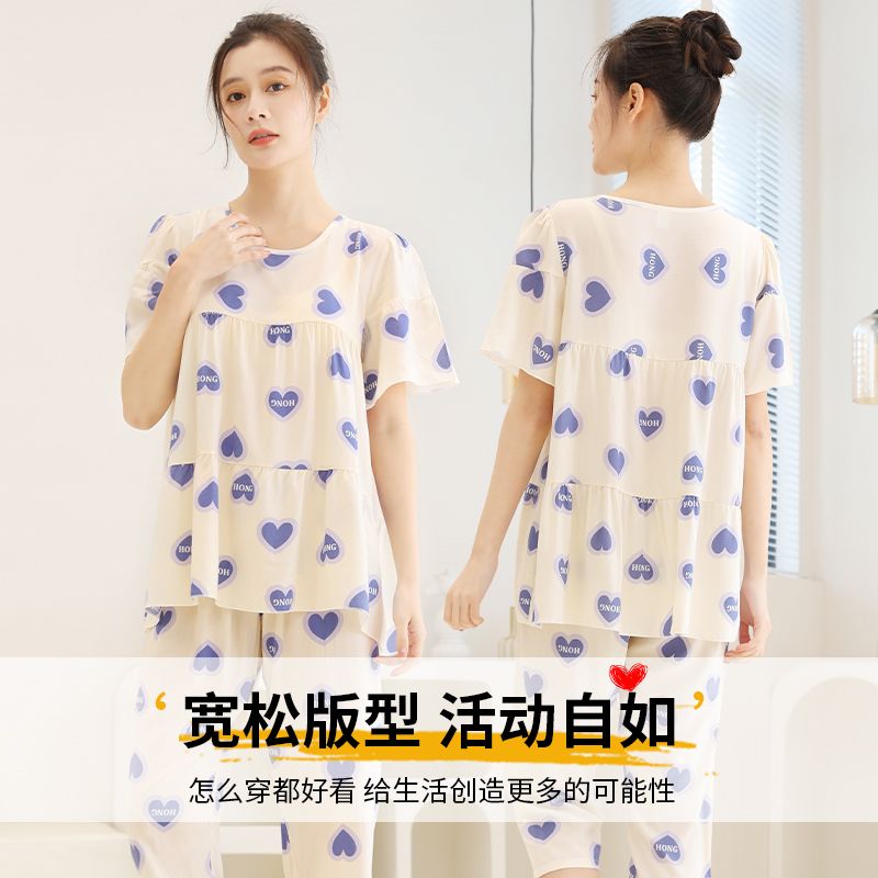 Arctic fleece pajamas women's summer short-sleeved loose plus-size girl Korean version cute sweet wind cotton silk home service suit