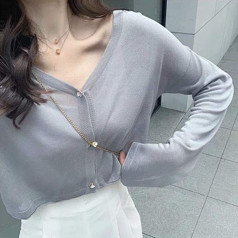 Large size fat mm300 catties cardigan jacket women's knit short small shawl ice silk sunscreen blouse thin section outside