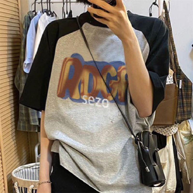 100% cotton color contrast stitching personalized print short-sleeved T-shirt female summer student BF loose all-match top ins trend