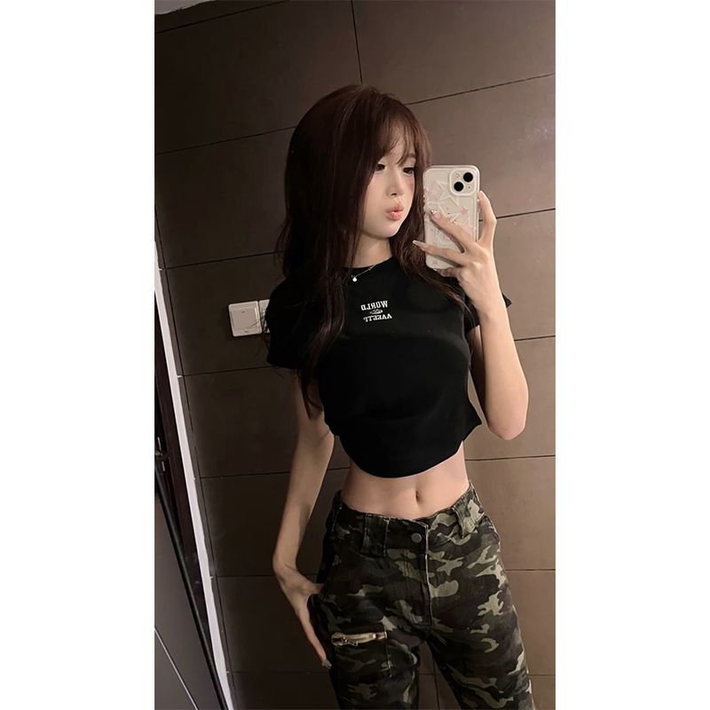 Letter embroidered logo curved high-waisted short shoulder T-shirt for women summer hot girl short-sleeved tops slim bottoming shirt