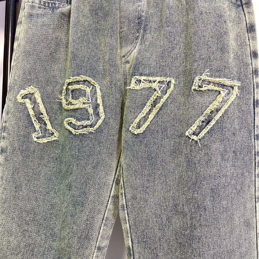美式高街网红同款1977刺绣复古做旧水洗牛仔裤男百搭直筒休闲长裤