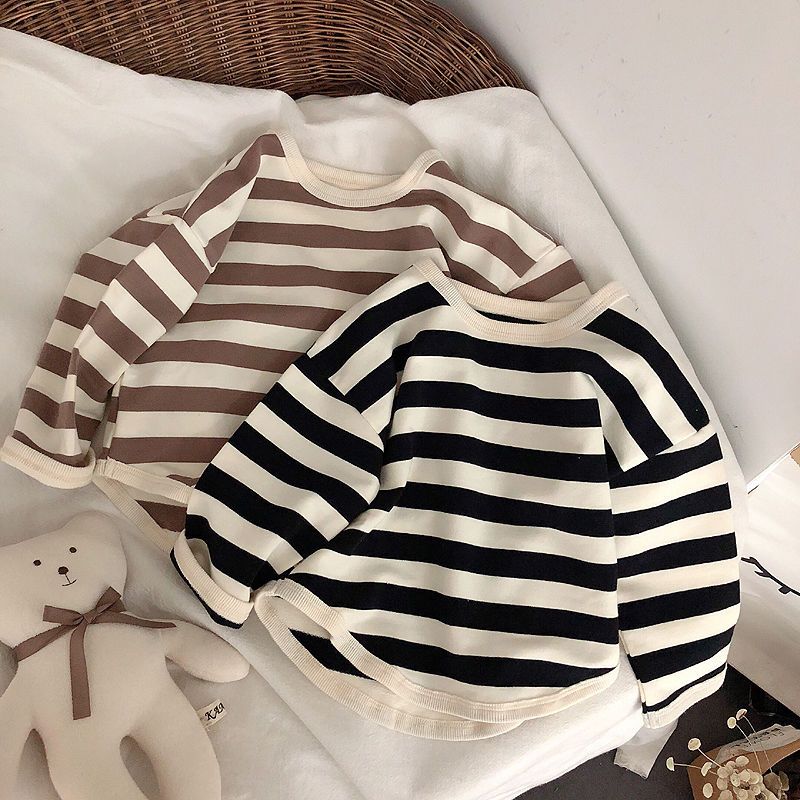 Retro striped shirt ~ Korean children's spring and autumn striped bottoming shirt 2023 spring men and women baby long-sleeved T-shirt sweater