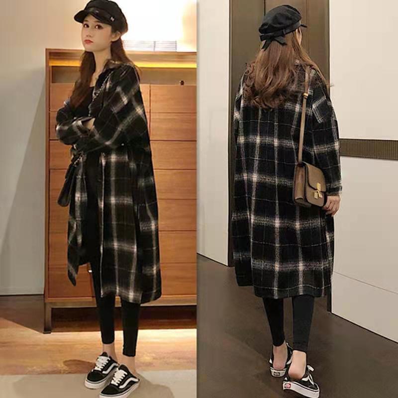 黑色格子襯衫女春秋季新款學院風百搭時尚外套中長款大碼寬鬆襯衣