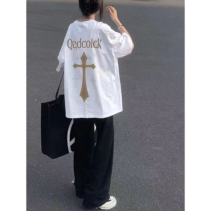 100% cotton European and American original cross short-sleeved mid-length T-shirt women's ins Harajuku style loose half-sleeve top trendy