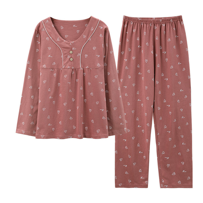 中老年人睡衣女春秋款長袖大碼圓領寬鬆套裝中年媽媽外穿家居服夏