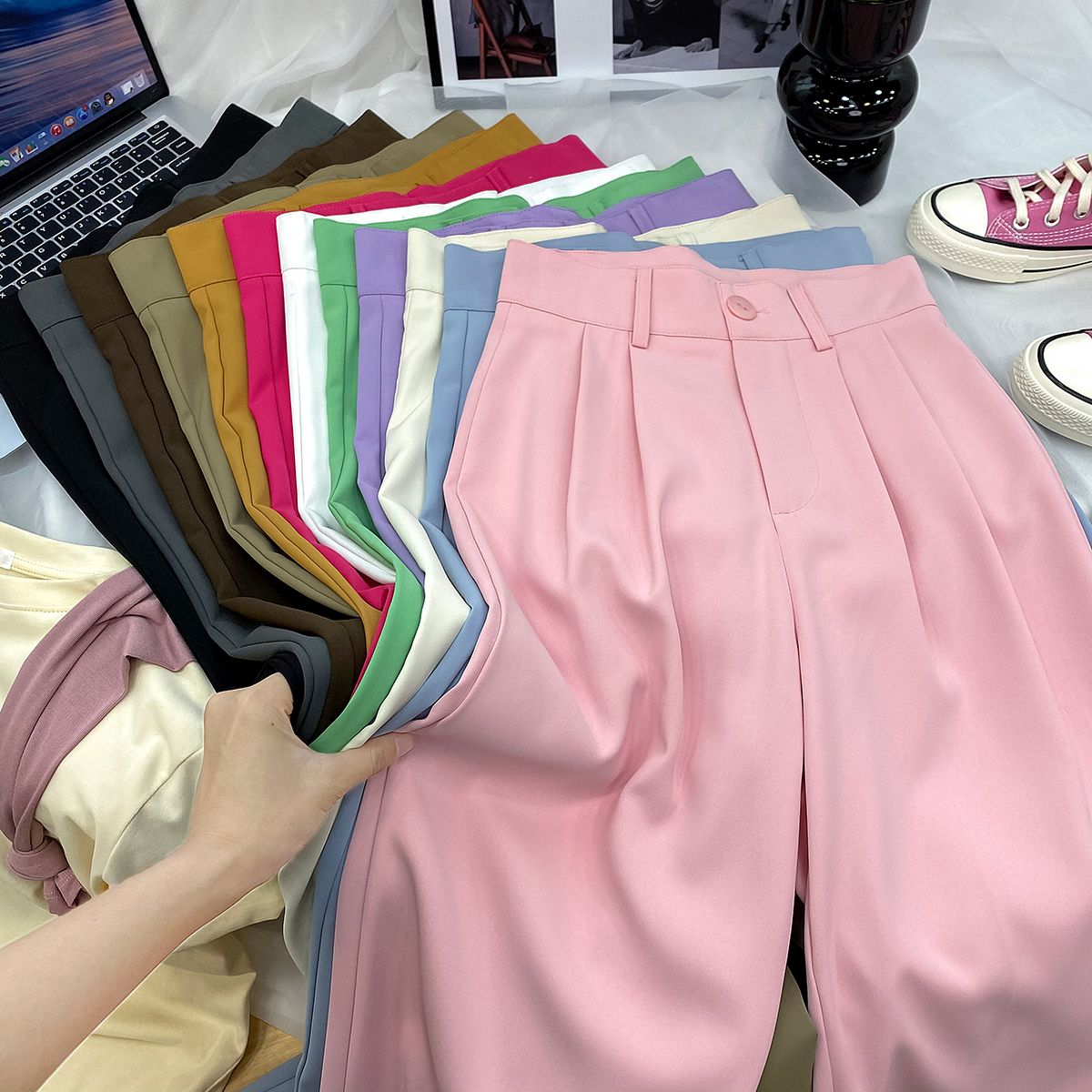 Wide-leg suit pants for women, spring Korean version, high-waisted, loose, slim, straight-leg, elegant, drapey, casual and versatile, black long pants