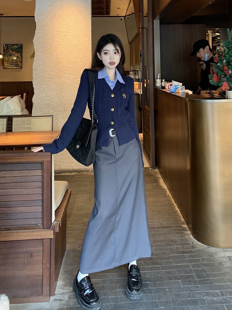 Early Spring American College Style Knitted Cardigan Suit Skirt Retro V-neck Sweater Shirt High Waist Skirt Three-piece Set