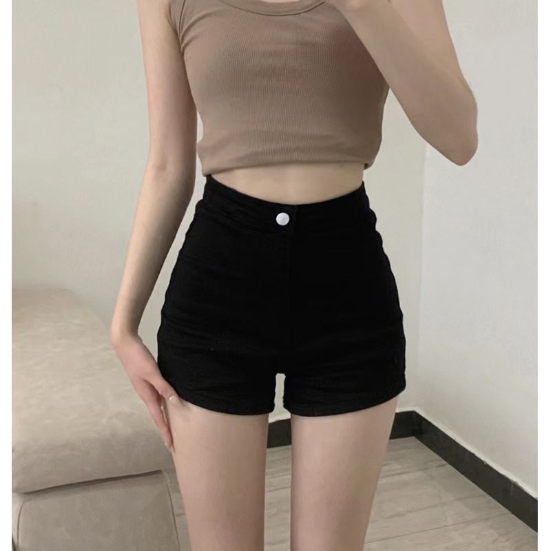 Black high waist denim shorts women's summer elastic outerwear hot girl leggings thin section tight bag hip hot pants trendy