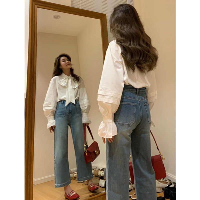 Retro all-match loose design front patch pocket spring new cropped wide-leg straight tube slim cigarette jeans women
