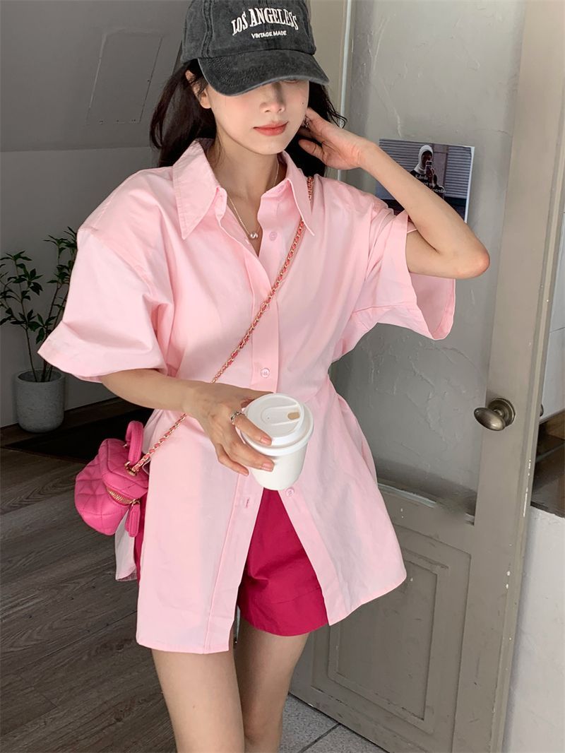 Korean style casual suit female pink polo collar shirt jacket female summer high waist thin wide leg shorts two-piece set