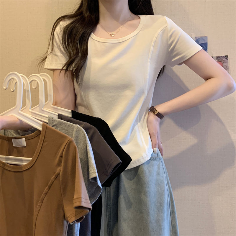 Asymmetric herringbone line round neck short-sleeved inst-shirt women's oblique side slit oblique collar niche arc hem shoulder top