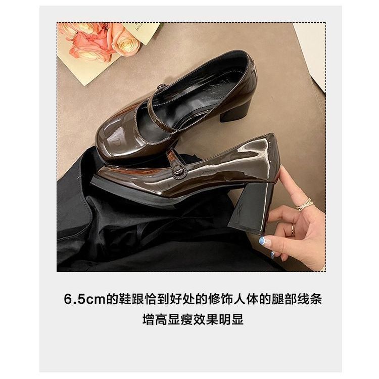 Mary Jane high heels medium heel jk small leather shoes 2023 new shoes small fragrance style Hepburn style thick heel square heel single shoes