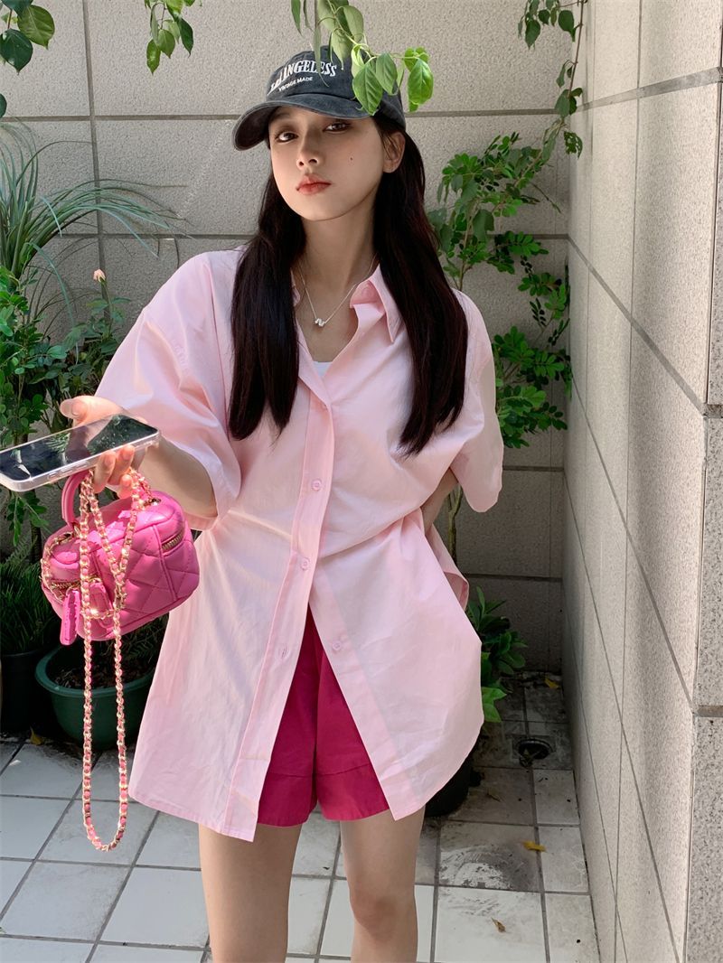 Korean style casual suit female pink polo collar shirt jacket female summer high waist thin wide leg shorts two-piece set
