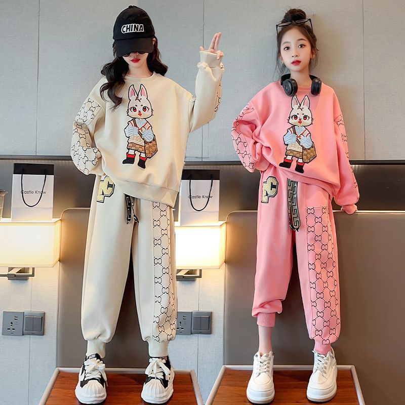 女童套裝2023春季新款中大童兒童時尚可愛兩件套學生潮流衛衣套裝