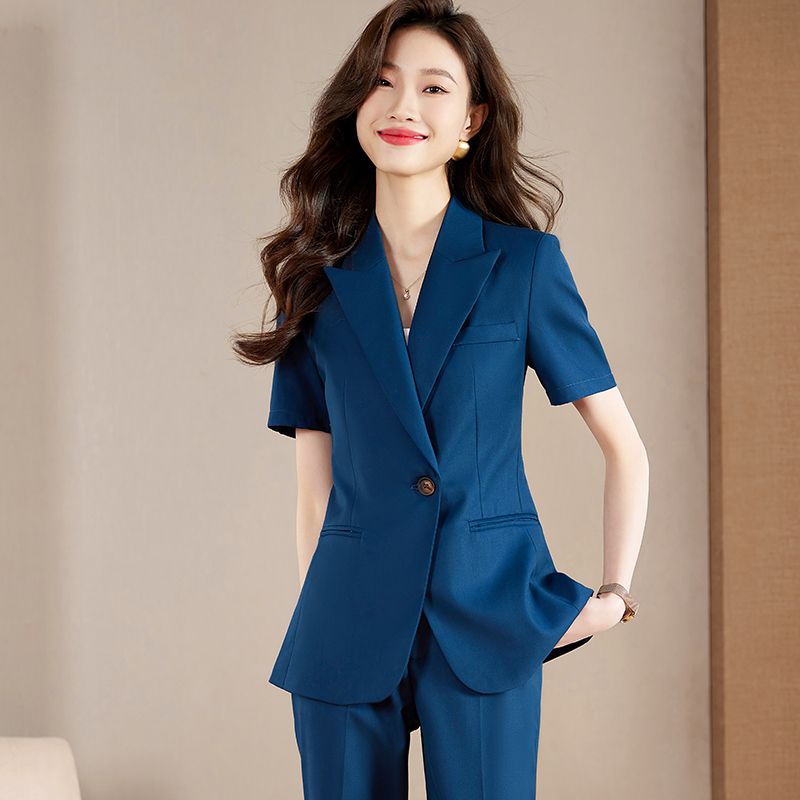 夏季藏青色西装套装女薄款2023新款高级感小个子职业装短袖西服