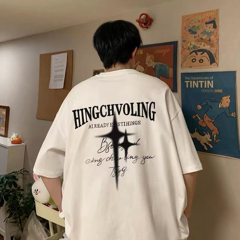 100%純棉美式高街星星潮牌短袖t恤男女情侶夏季寬鬆青少年ins半袖