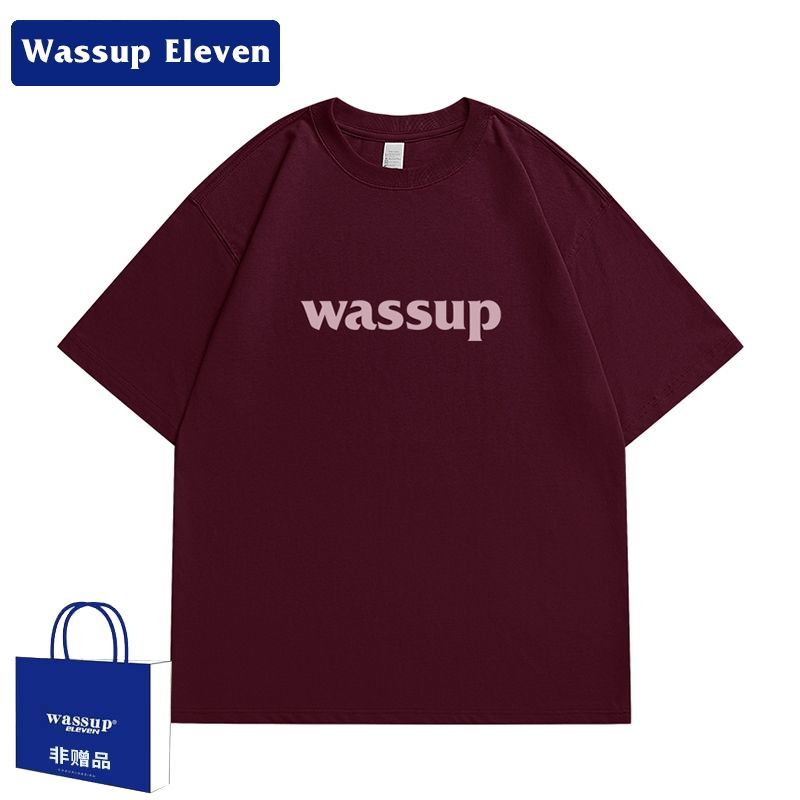 WASSUP酒紅色短袖t恤男女重磅純棉情侶圓領夏季男士半袖上衣潮流