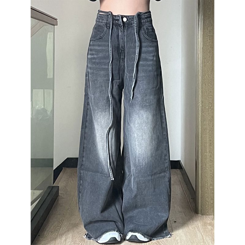 做舊毛邊闊腿牛仔褲女高街系帶設計感直筒高腰褲寬鬆垂感拖地長褲