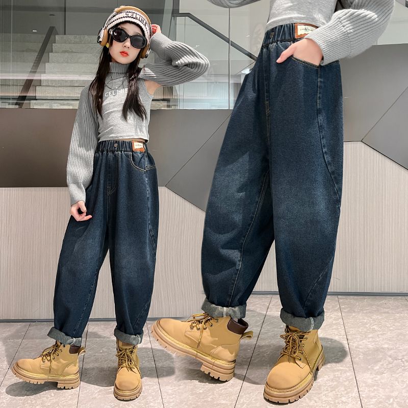 女童牛仔褲春秋2023新款中大童韓版洋氣哈倫褲兒童時髦寬鬆老爹褲