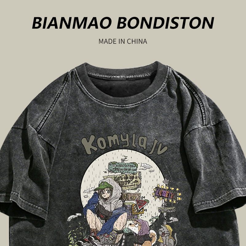 100% cotton Japanese hand-painted anime print oversize loose couple dress washed and distressed short-sleeved T-shirt