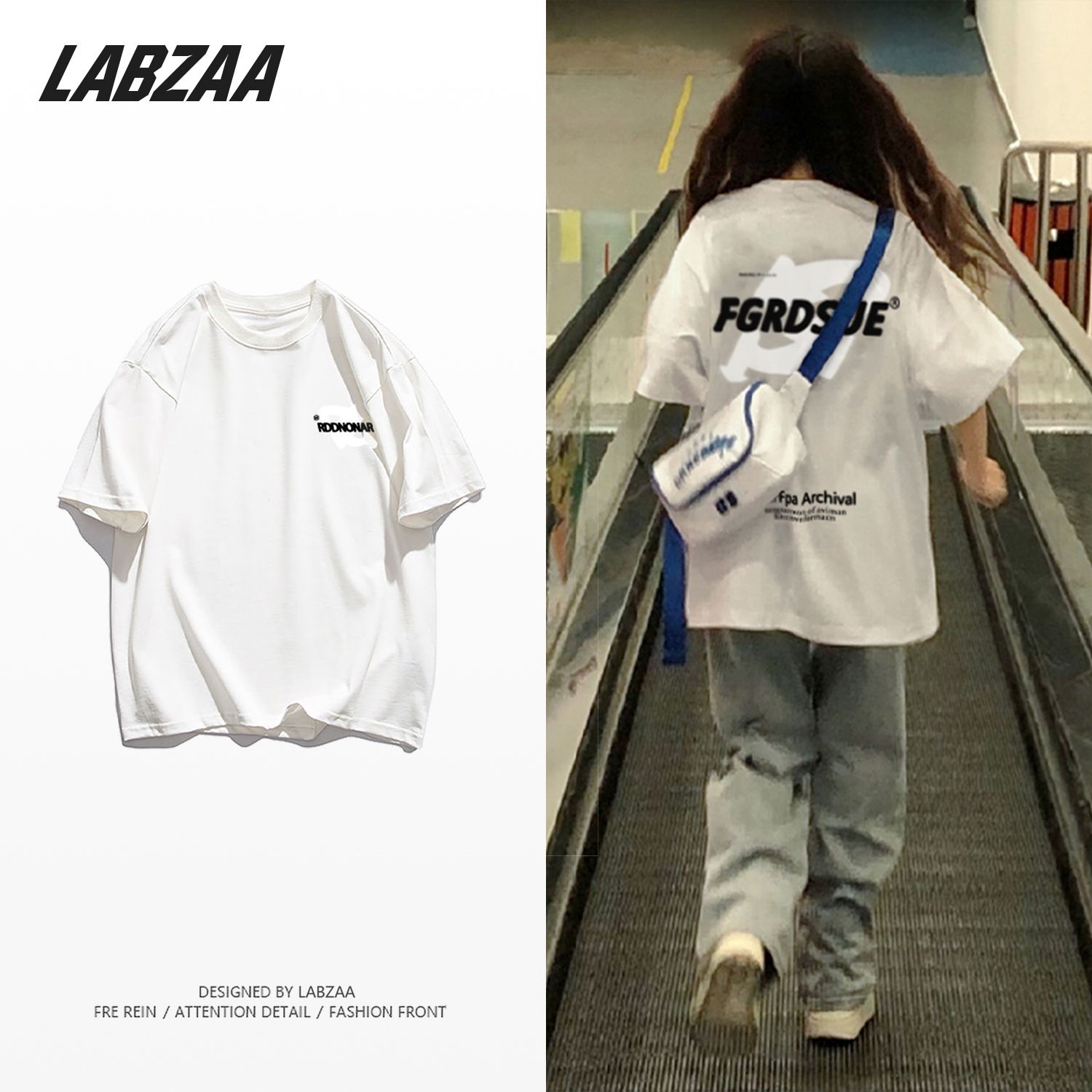 LABZAA cotton summer American street hiphop letter printed short-sleeved T-shirt female lazy couple tops
