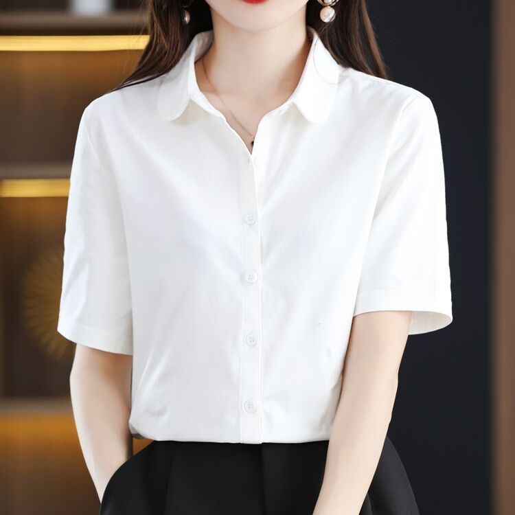 純棉短袖襯衫女氣質高級感2023夏季新款修身純色百搭襯衫上衣女