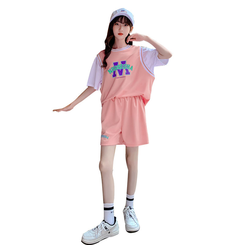 女童夏季运动套装2023新款中大童儿童女孩时髦运动篮球服两件套潮