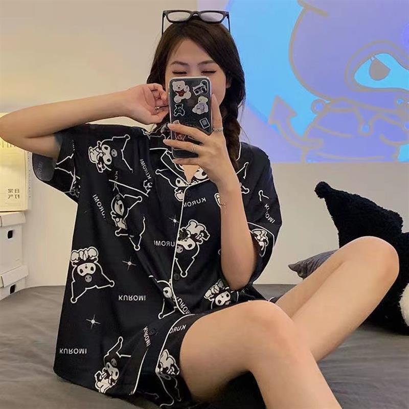 冰絲綢睡衣女夏季薄款甜美ins可愛庫洛米短袖卡通學生家居服套裝