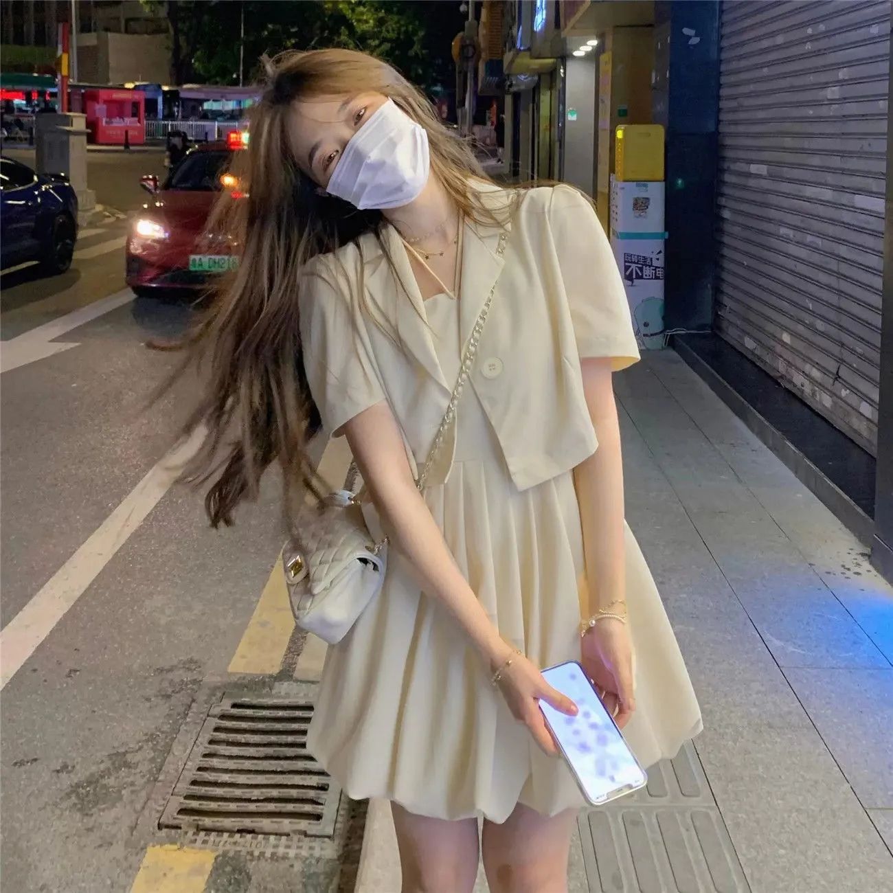 【兩件套裝】夏季日系減齡可愛吊帶蓬蓬連衣裙+奶油杏色西裝外套