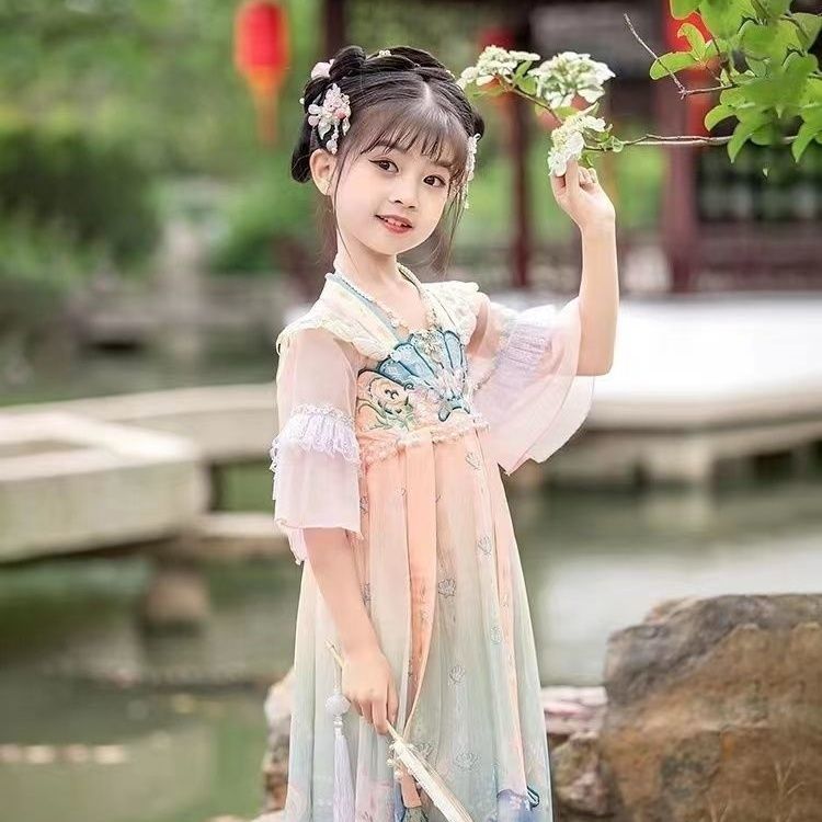 汉服女童春秋2023新款古风连衣裙小女孩唐装儿童超仙古装裙子春款