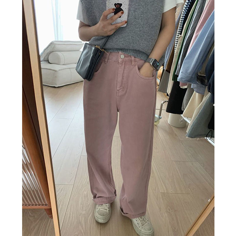 粉色直筒高腰牛仔褲女2023年春季新款休閒大碼寬鬆顯瘦闊腿拖地褲