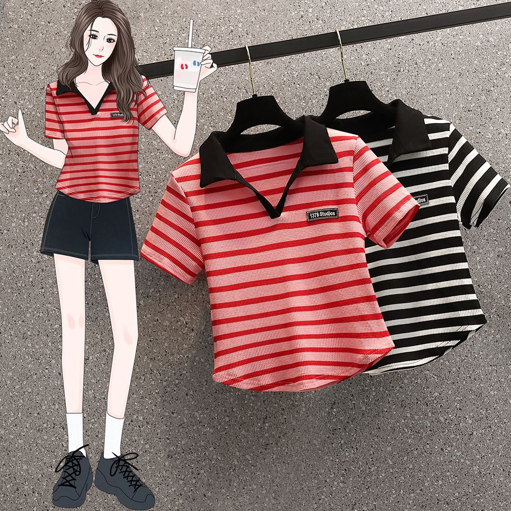 Large size striped polo collar summer top women's fat mm design sense niche slim cover belly short-sleeved t-shirt 2-300 catties