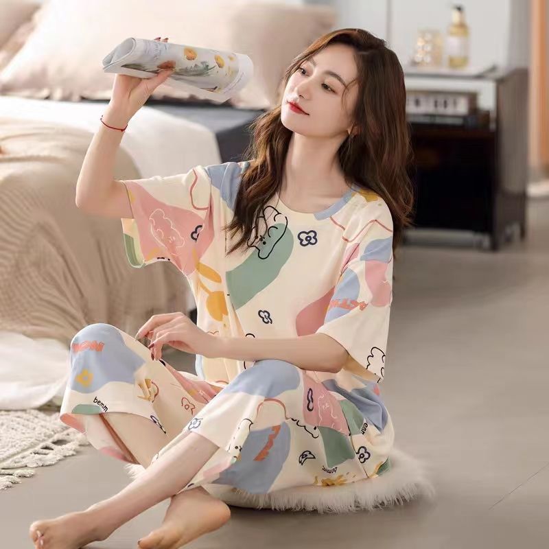 100% double-sided pajamas women's summer short-sleeved cropped pants 2023 new thin section cute home service two-piece suit