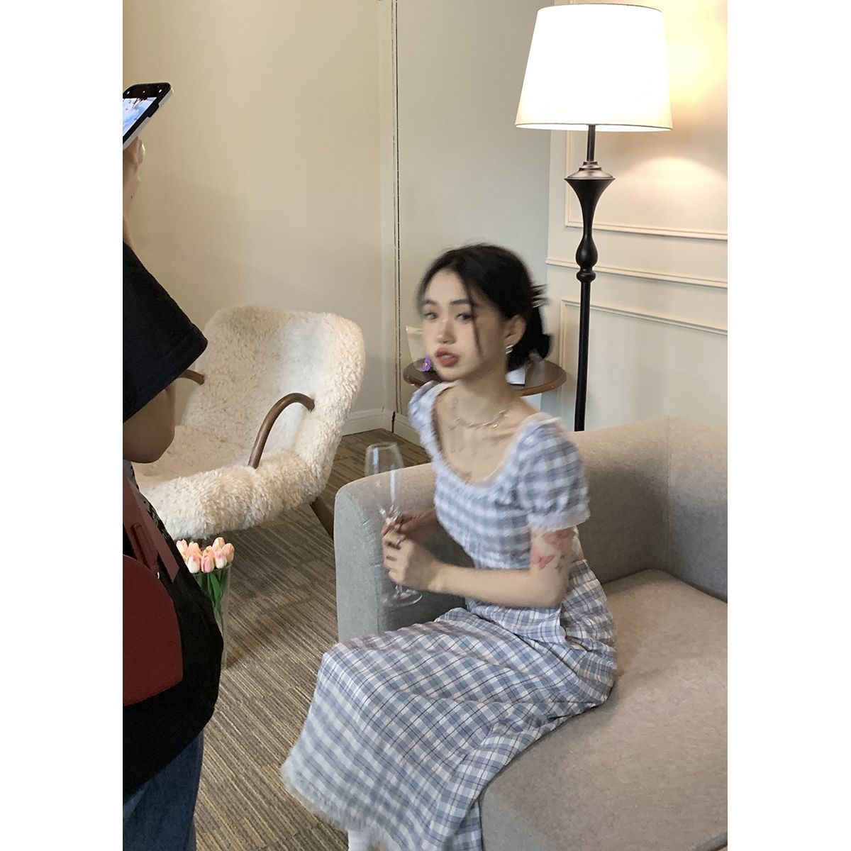 可鹽可甜套裝女夏季小個子時尚藍色格短上衣收腰顯瘦半身裙兩件套