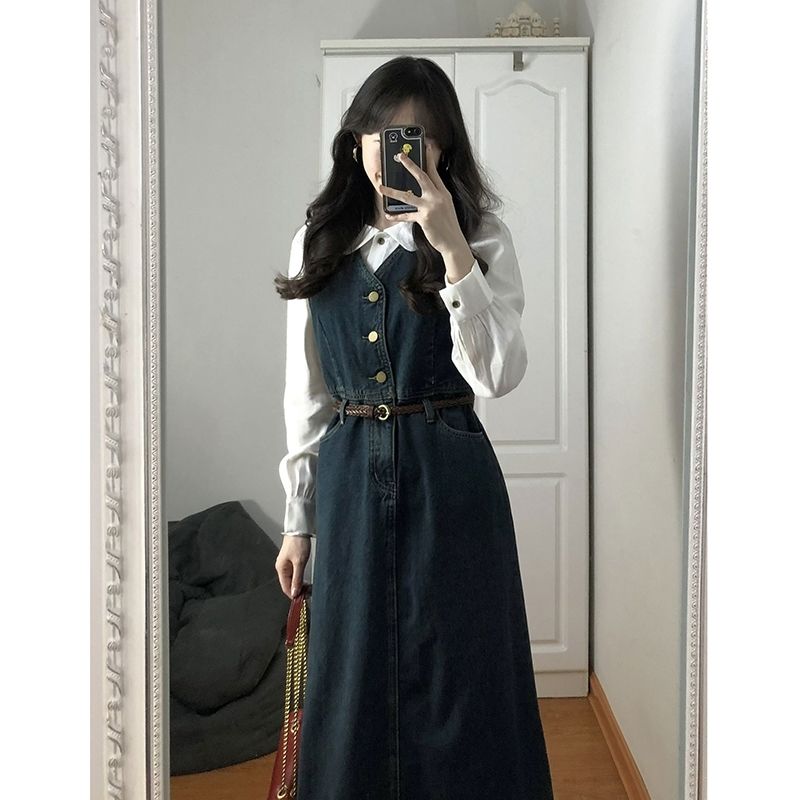 ailin Chen Ailin Hong Kong wind skirt two-piece denim dress early spring wear new vest strap skirt suit