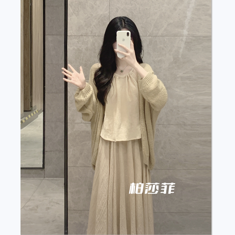【三件套】毛衣開衫+吊帶背心+半身長裙秋季套裝女學生溫柔少女