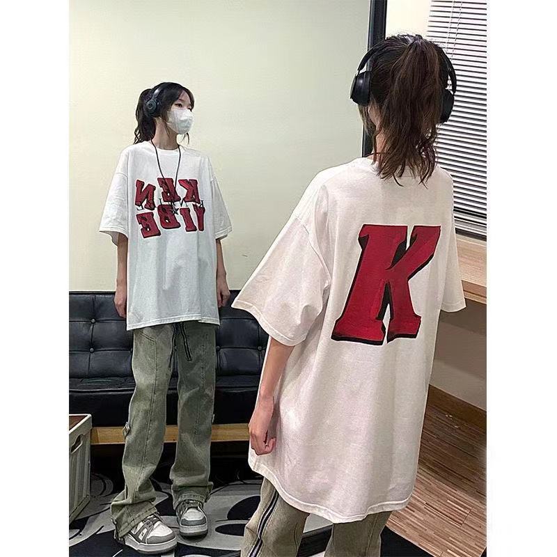 100%純棉字母印花丅恤短袖女夏季oversize寬鬆街頭小眾ins上衣潮