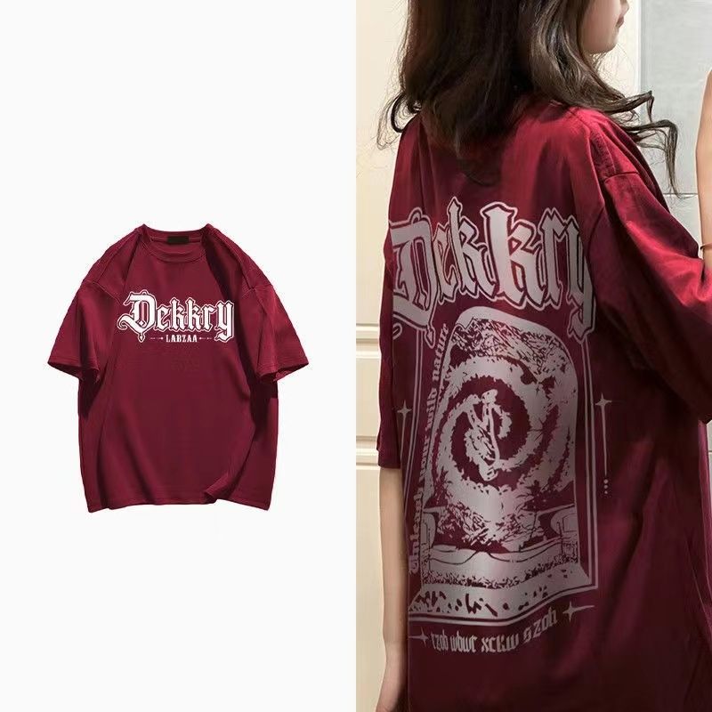 100%純棉酒紅色原宿風字母印花甜辣寬鬆丅恤短袖女夏季顯瘦上衣潮