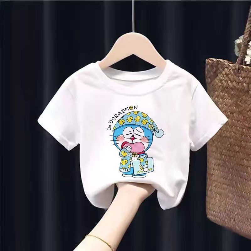 2023 new cotton short-sleeved T-shirt girls and boys summer clothes big children foreign style cartoon Doraemon clothes children