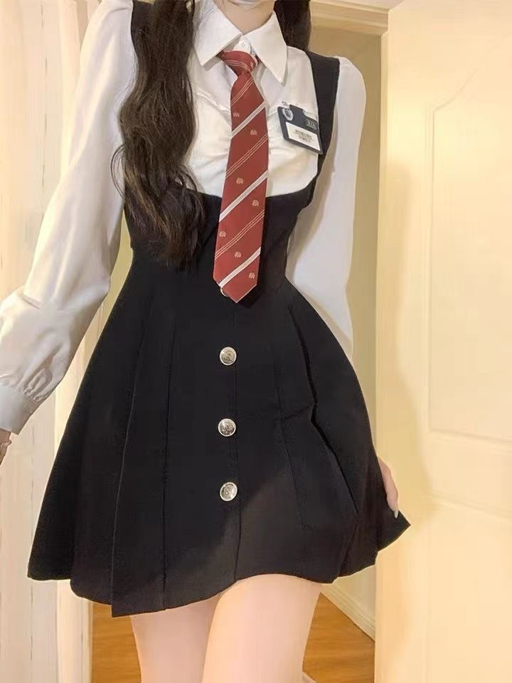 美式polo領假兩件甜辣學院風收腰顯瘦連衣裙女秋冬長袖襯衫A字裙